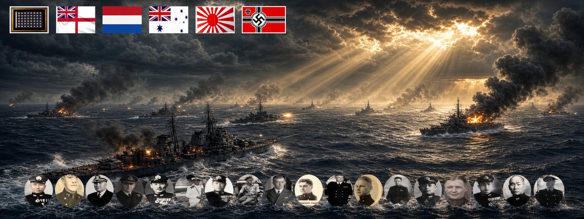Warships at sea, naval flags above, and officers along the front.