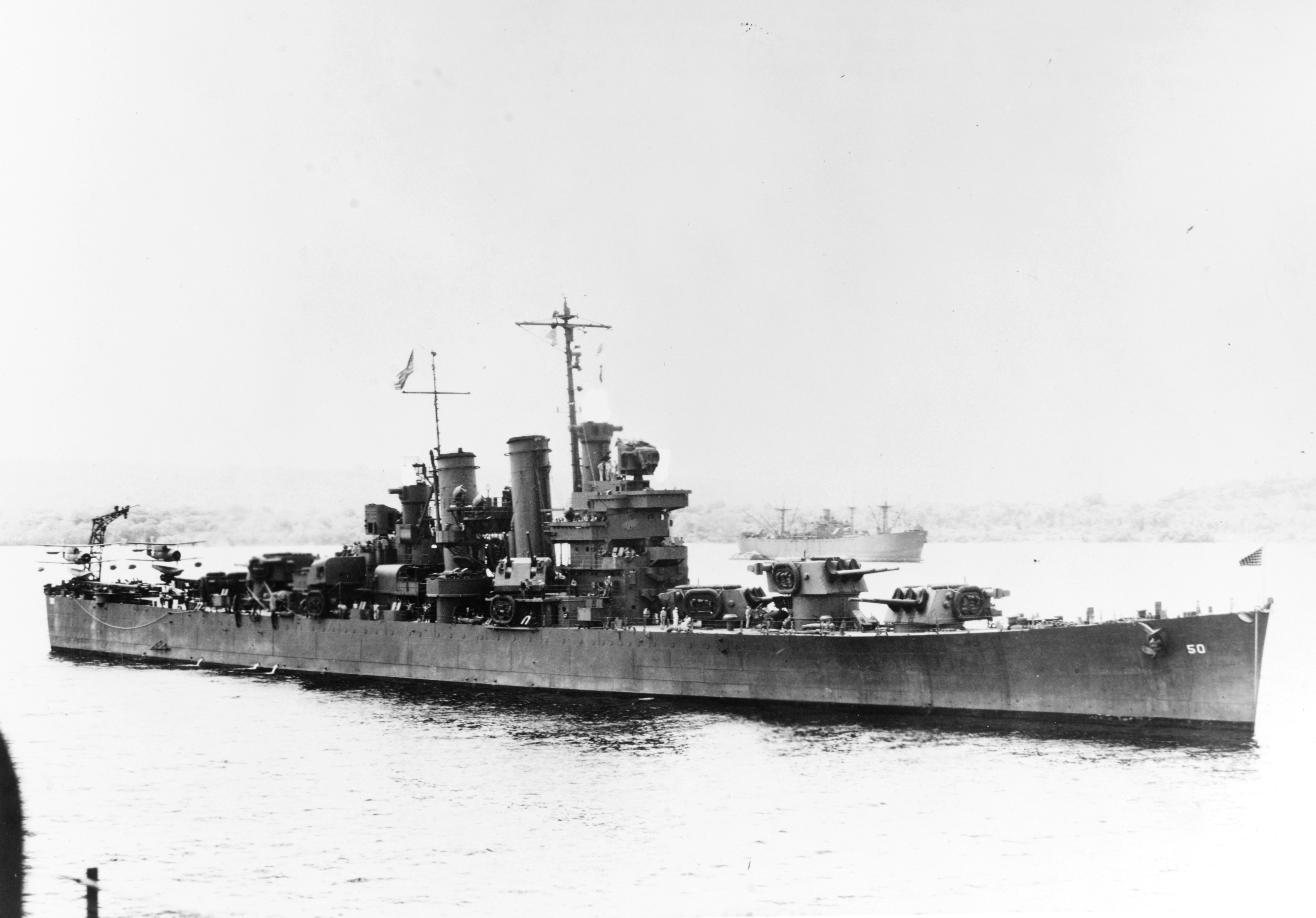 Helena at a South Pacific base about 1943, hull number 50 on the stern