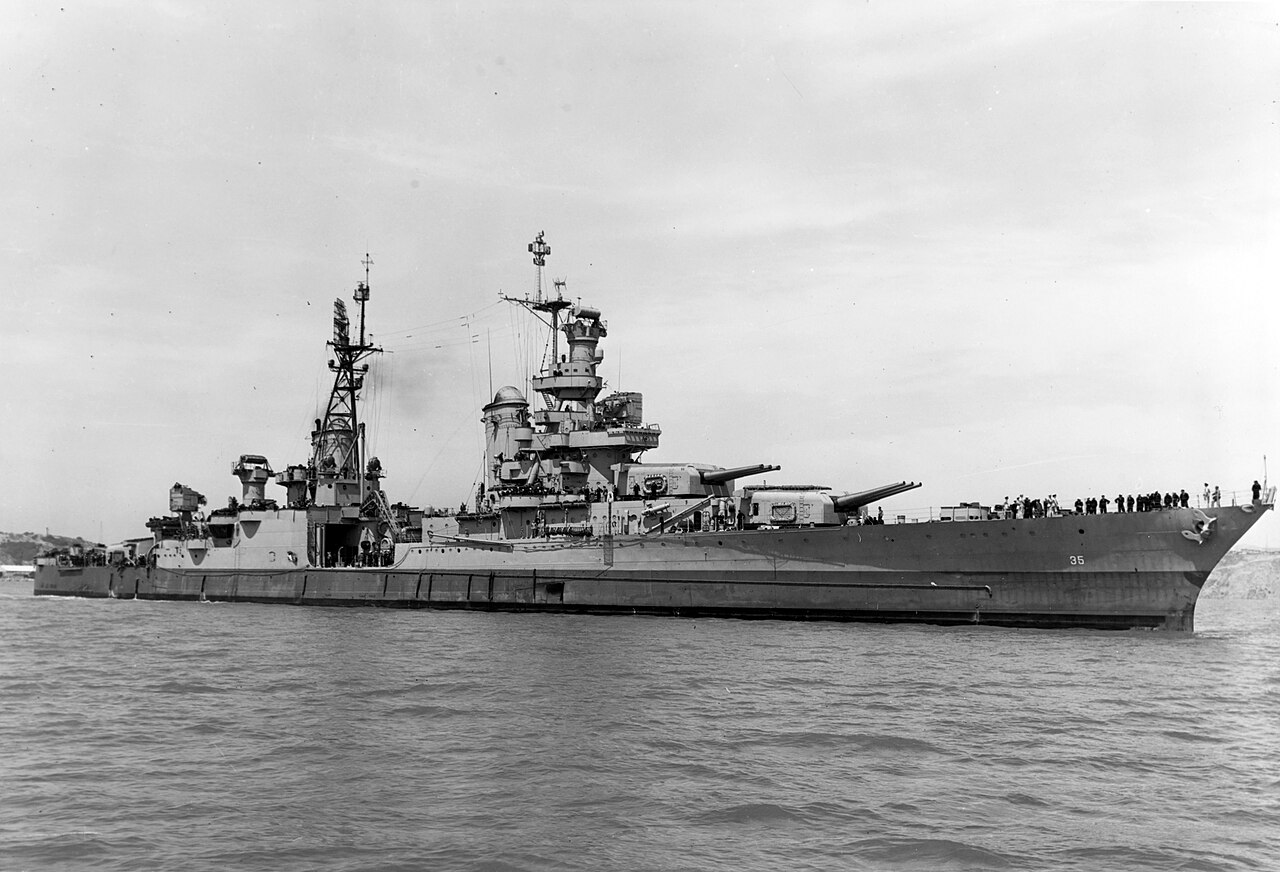 Indianapolis off Mare Island on 10 July 1945, hull number 35 on the bow