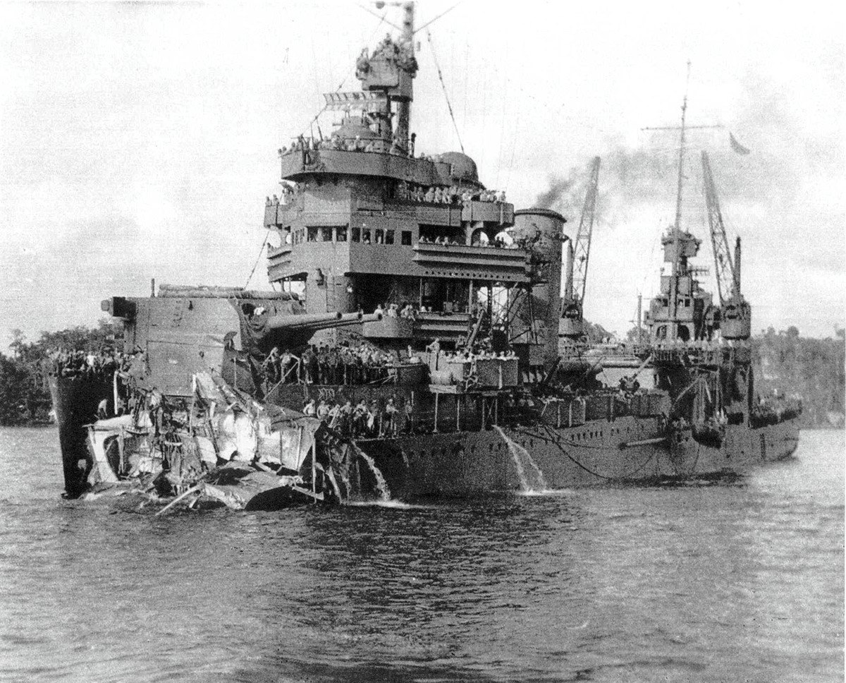 New Orleans reaching Tulagi on 1 December 1942 with her bow gone