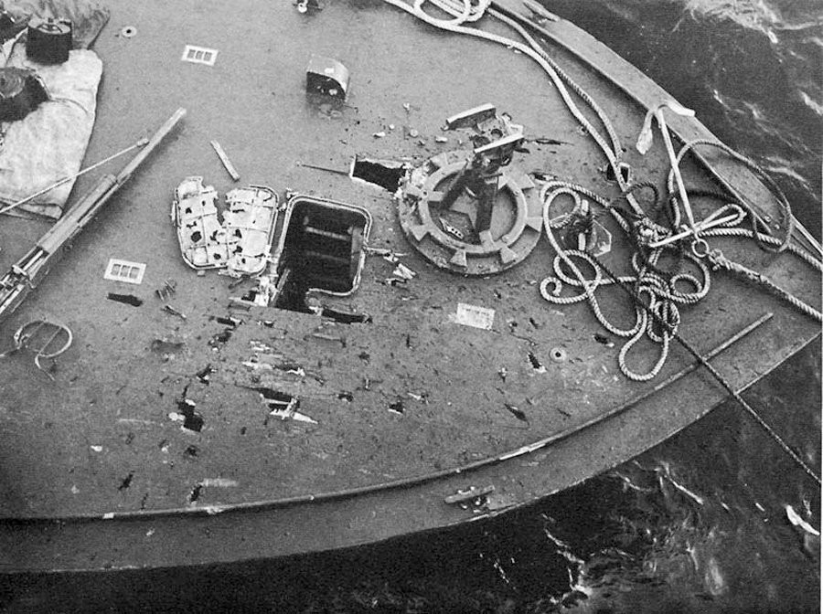 The smashed foredeck of PT-152 after Surigao Strait