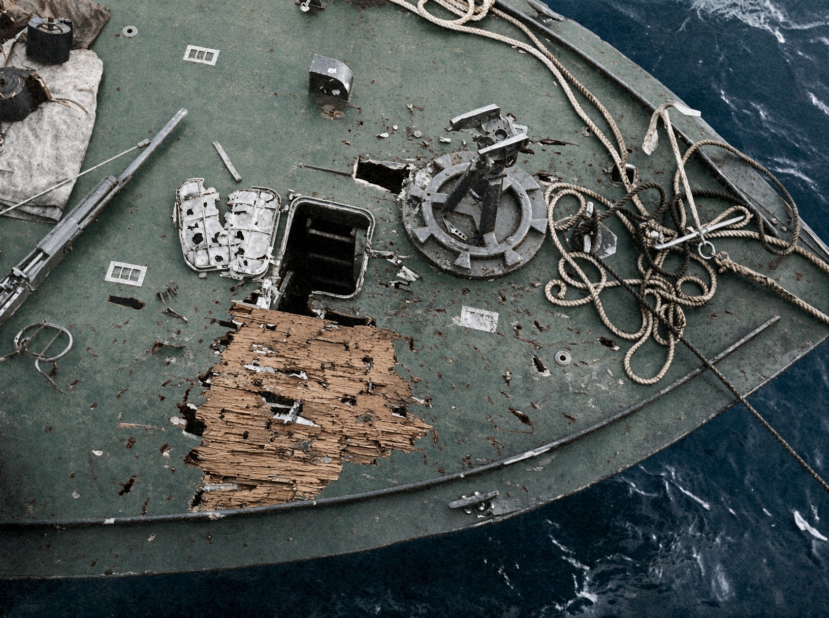 The smashed foredeck of PT-152, colored by computer