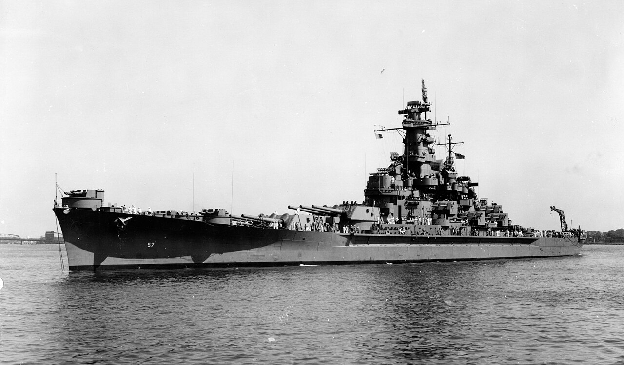 South Dakota off Norfolk on 20 August 1943, hull number 57 on the bow