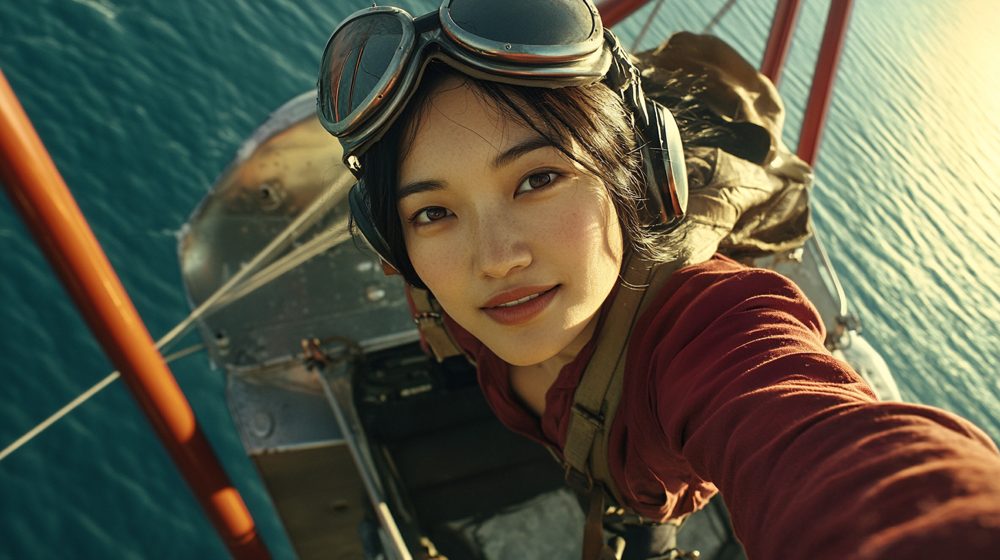 A pilot in goggles on a biplane wing over the sea