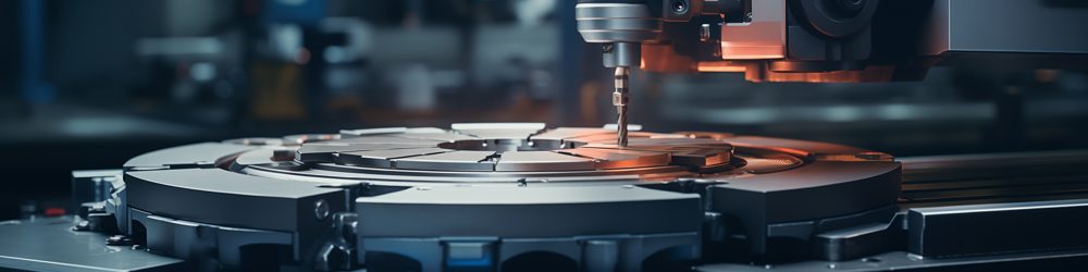 Product-style cinematic shot of a precision part on a CNC machine