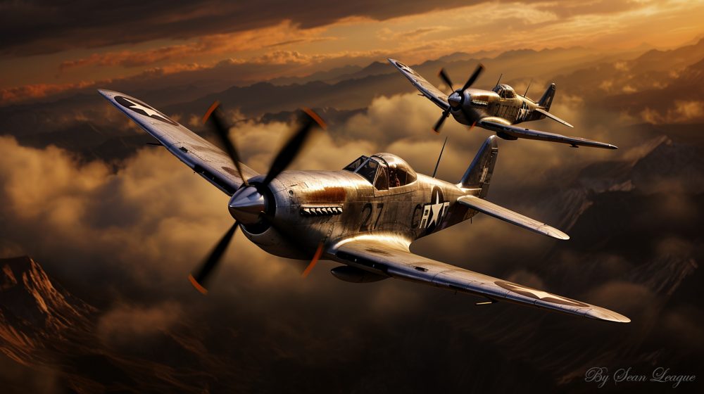Two WWII fighter planes flying through golden clouds