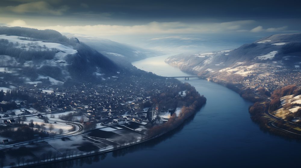 Aerial view of a snowy river valley and town in winter