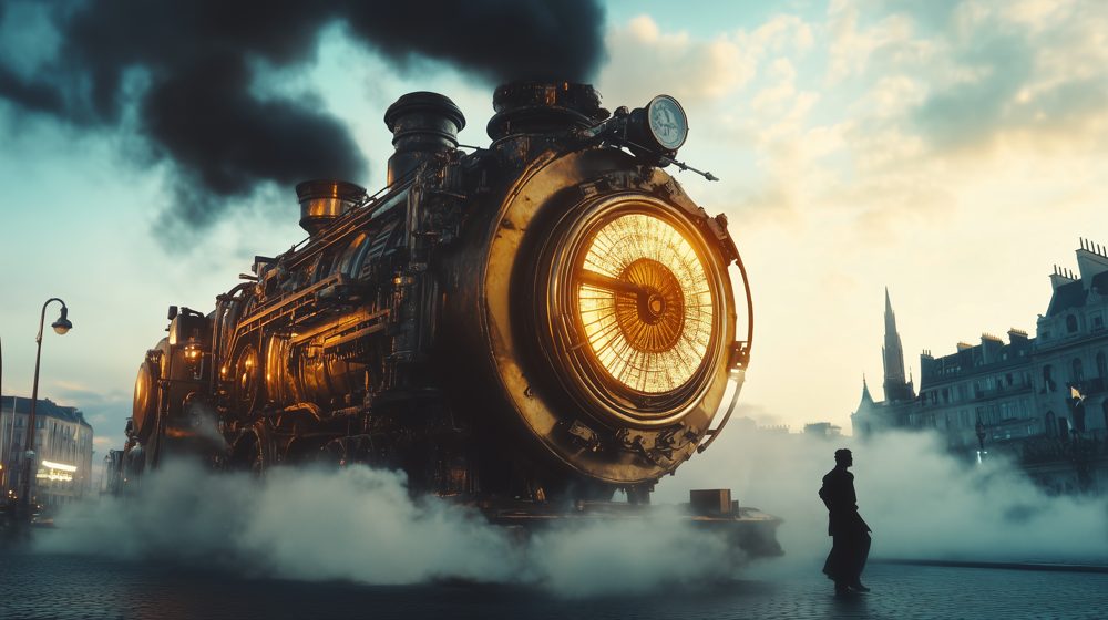 A steampunk locomotive with a glowing clock face