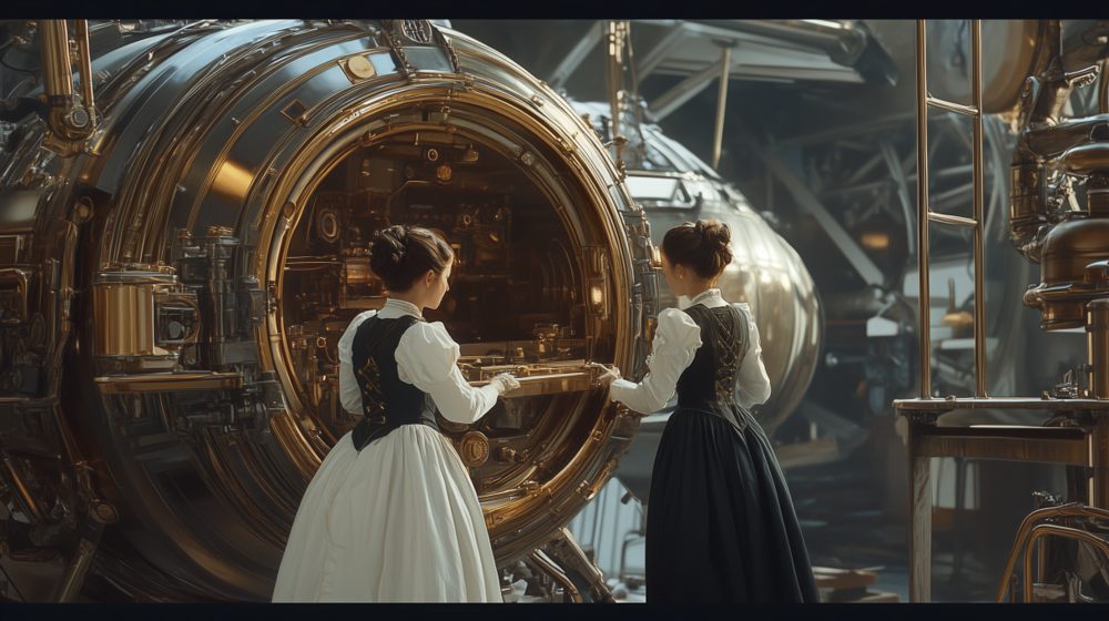 Two engineers in period clothing at a large brass machine