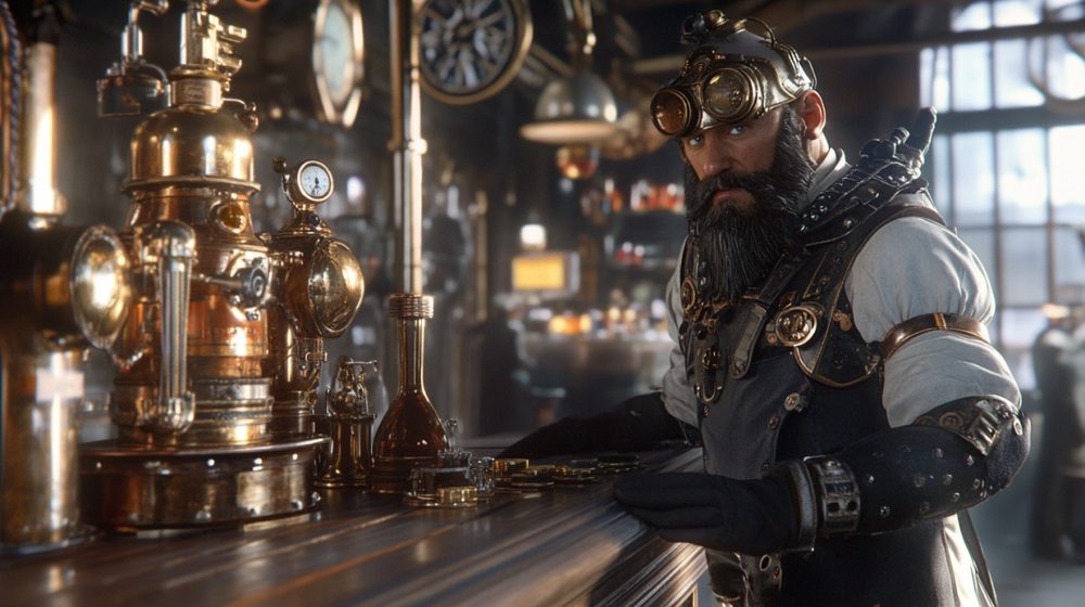 A steampunk workshop with brass machinery and a character in armor