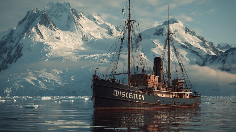 A 1930s steam whaler in icy water below snowy mountains